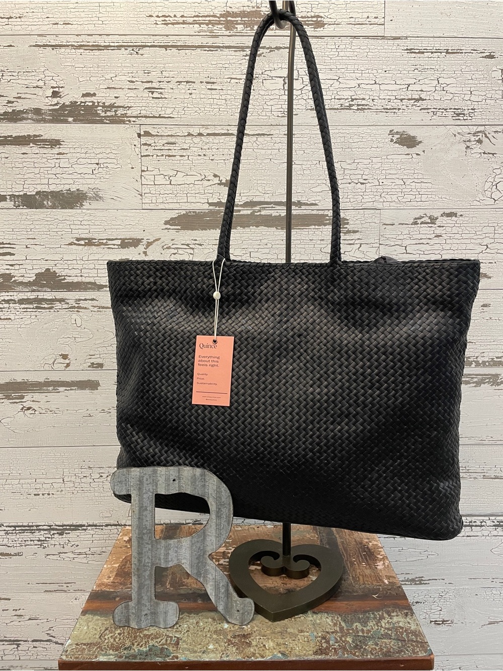 Quince New Black Woven Tote Bag with Shoulder Straps
